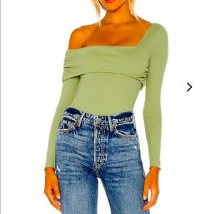 Lovers + Friends Sage Green One-Shoulder Ribbed Bodysuit